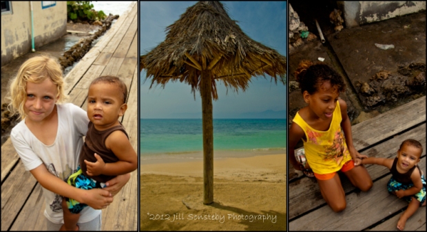 Little kids standing on the dock and a picture of a palm tree covering on the beach in Utila, Honduras.