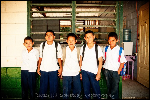 Boys at CEBRH standing outside of a classroom. Utila, Honduras