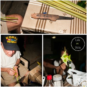 Doc Rail making me a bird, parrot fish and angel fish out of palm branch stems.